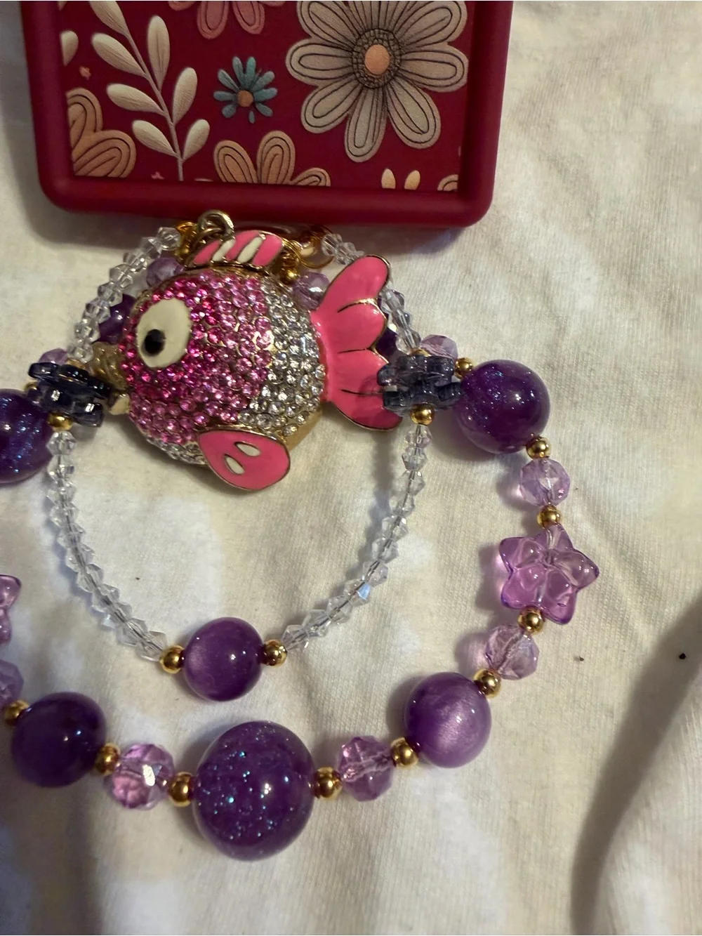 Hand Crafted Purple Beaded Phone Charm with Pink Fish Pendant